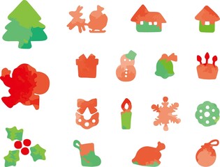 Watercolor Texture Christmas Icon Set - Santa, Tree, Snow,