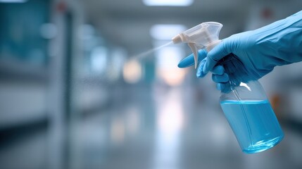 Hand holding a spray bottle with blue liquid ready for disinfecting in a hospital corridor during the day