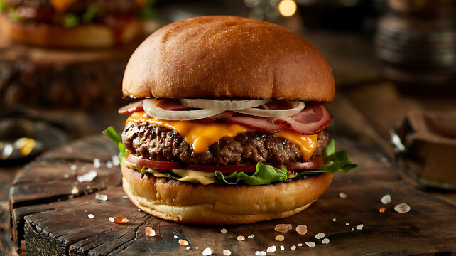 Close-up shot of a cheeseburger on a white background highlighting the grilled beef patty, melted cheese, fresh lettuce, and sesame bun for an isolated fast food meal - Powered by Adobe