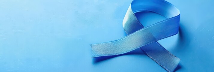 Blue awareness ribbon on light background for world diabetes day observance. Horizontal banner. Copy space. Healthcare and medical concept. Parkinson's disease, Men's health awareness