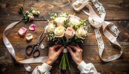 Creative top-down composition showing hands arranging a wedding bouquet