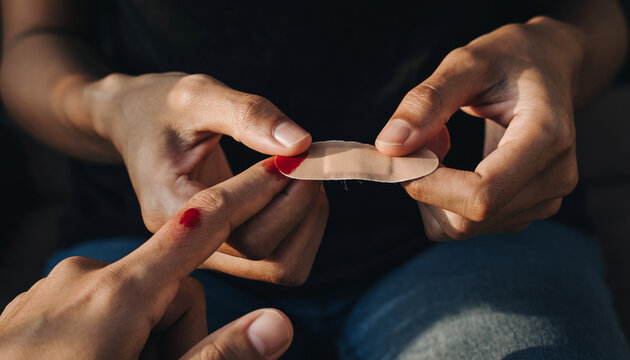Macro shot of a person&rsquo;s hands applying a bandage over a bleeding finger