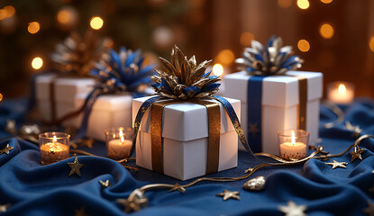 Patriotic Christmas Scene with White and Gold Gift Boxes, Blue Silk USA Flag Fabric, and Glowing Candles