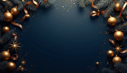 Minimalist Luxury Christmas Background in Deep Navy Blue and Gold with Subtle USA Flag Wave and Golden Decorations