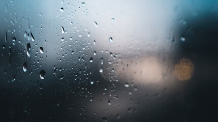 Raindrops, Glistening and Blurred, on a Window with Soft Lights and Moody Background, Close-Up View with Copy Space, copy space.