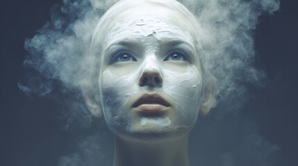Portrait of a woman with porcelain skin and a foggy face, embodying a psychic aura in an ethereal setting