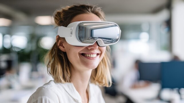 Smiling woman wearing blue virtual reality glasses enjoying an immersive experience in a modern workspace during the day with computers in the background