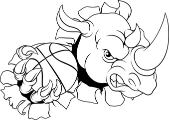 A Rhino Rhinoceros mean tough cartoon sports animal mascot holding a basketball ball