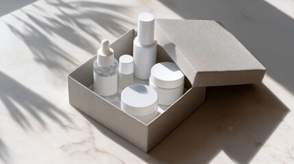 Serene, minimalist cosmetic and skincare set. White unlabeled bottle and jar products in box with natural shadow for beauty presentation