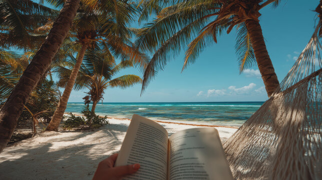 Serene person relaxing while reading book from hammock pov on tropical beach between palm tree with beautiful ocean during summer vacation