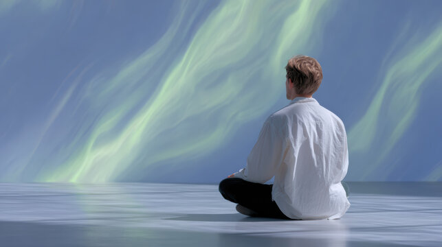 Serene individual meditating in peaceful sensory room. This calm experience with an aurora light projection promotes wellness and mindfulness