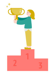 表彰台でトロフィーを掲げる女性