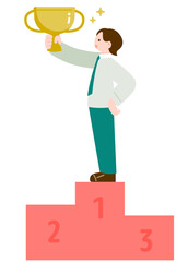 表彰台でトロフィーを掲げる男性