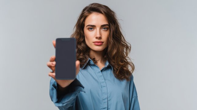 Woman presents smartphone in casual attire against a neutral background, highlighting the device in a modern setting - Powered by Adobe