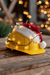 Festive yellow safety hard hat decorated with Santa hat and glowing Christmas light on rustic wooden table for holiday celebration concept