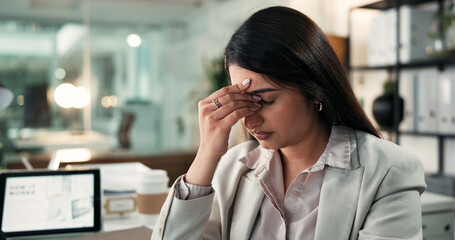 Headache, tired and business woman in office for account mistake, overworked and brain fog at...