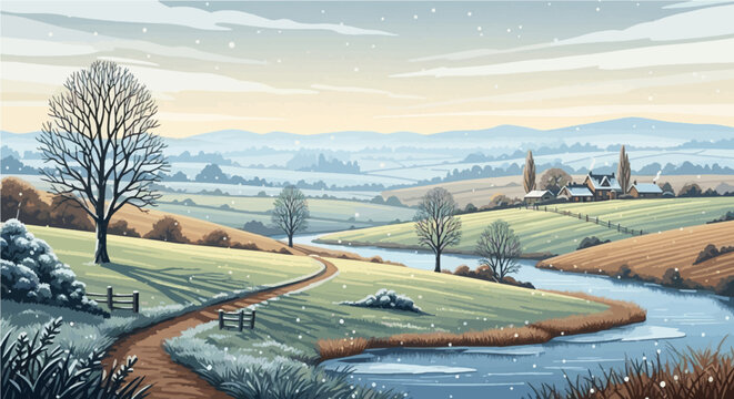 A stunning digital painting illustrating the first snowfall of the season across a tranquil winter landscape. The scene captures rolling hills and vibrant green fields subtly dusted with white snow