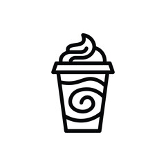 Iced coffee drink line icon, tall glass with straw and whipped cream topping, representing frappe, iced latte, or cold beverage, perfect for cafe and drink menu design