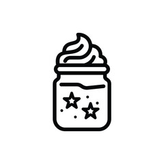 Cold drink jar line icon, mason jar glass with whipped cream and ice cubes, representing iced coffee, milkshake, or cold dessert beverage in cafe style