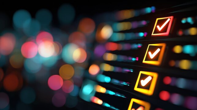 Bright check marks glowing against a colorful abstract background in a digital environment