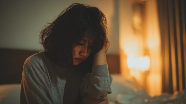 Woman sitting on bed looking down in a softly lit bedroom during the night
