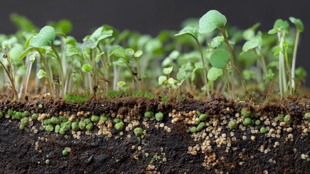 Closeup of healthy green plants growing in soil enriched with microbial consortia showcasing natural nutrient exchange and symbiotic relationships.