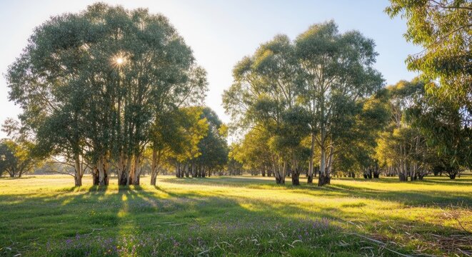 A serene, sunlit meadow with tall trees and a clear sky. - Powered by Adobe