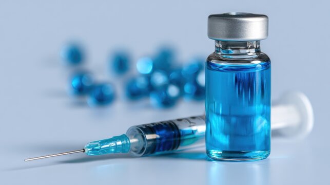 Medical syringe and vial with blue liquid in a clinical setting illustrating vaccination preparation and health care process