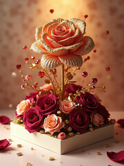 Golden rose with red flowers on gift box under warm light