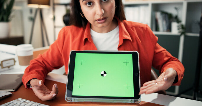 Video call, green screen and tablet with business woman in office for presentation, webinar or discussion. Project update, speaker or online meeting with person in agency for proposal pov and mockup