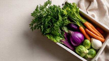 Vibrant fresh healthy vegetable food box full of organic produce. Part of meal kit subscription delivery for nutritious eating lifestyle