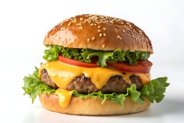 Gourmet Cheeseburger with Fresh Toppings on White Background