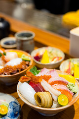 Japanese seafood bowl with sashimi slices