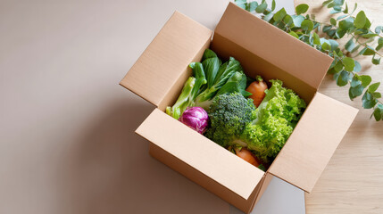 Fresh meal kit subscription box of organic vegetable for healthy diet. Convenient food delivery service with broccoli, lettuce, and produce