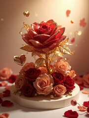 Golden rose with red flowers on gift box under warm light