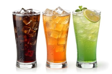 Colorful Assortment of Soft Drinks in Glasses with Ice