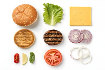Deconstructed Burger Ingredients Flat Lay on White Background