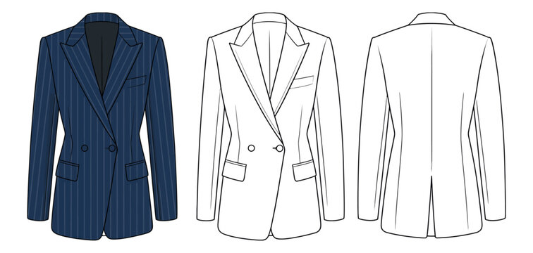 Men&rsquo;s formal blazer jacket CAD flat vector illustration featuring double-breasted pinstripe design, tailored business suit outerwear template for fashion design, garment pattern, and apparel presentat