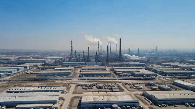 Aerial panoramic view of a massive oil and gas refinery complex with smoking chimneys and intricate industrial pipelines