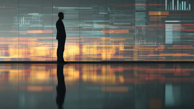 Focused businessman silhouette looking futuristic hologram screen. professional analyzing business data and technology analytics with