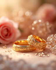 Luxury gold wedding rings with diamonds and roses in warm romantic light