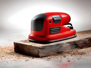 Fototapeta premium Compact red orbital electric sander on smooth wooden plank with visible grain and dust, realistic plastic and metal texture, clean white background, ultra-detailed 8K generative AI realism.