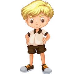 Cartoon Blond Boy Wearing Khaki Uniform and Brown Shorts Standing Proudly with Hands on Hips on Transparent Background