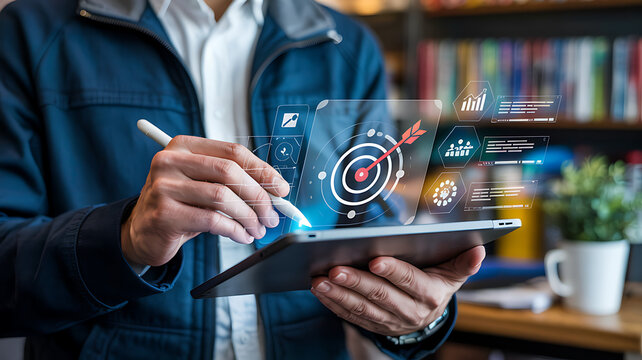 Businessman holding a digital tablet displaying social network icons for business communication concept