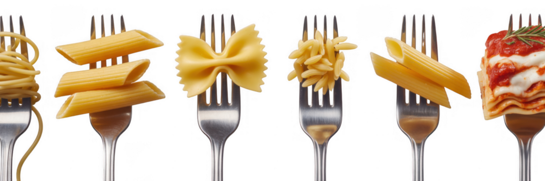 Various pasta shapes on forks isolated on a transparent background