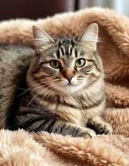 A cat lies on a furry cream blanket. Cute fluffy pet. Poster, sticker, card.