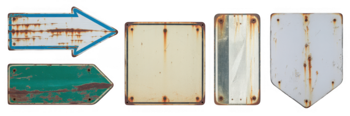 Rusty directional and blank signs isolated on a transparent background