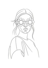 Minimalist continuous line drawing woman wearing flower shaped sunglasses. Stylish fashion illustration suitable for t-shirt prints, beauty salon logos, summer apparel marketing, abstract wall art.