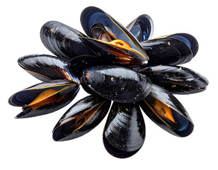  fresh raw mussels with glossy dark shells isolated