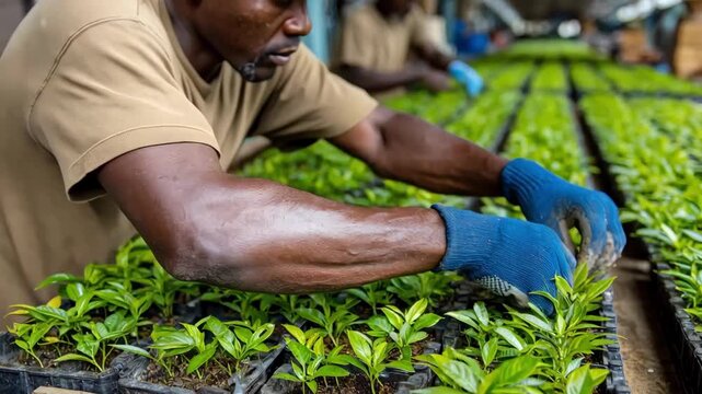 Hands arranging seedlings in plastic trays emphasizing precision and productivity in standardized plant propagation processes.
